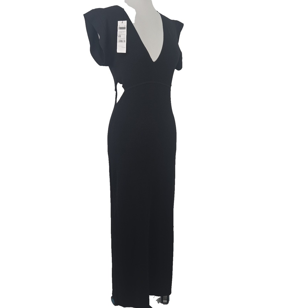 Sisley Large Black Fine Ribbed Knit Maxi Dress V-neck Cut Outsides Sleeveless
